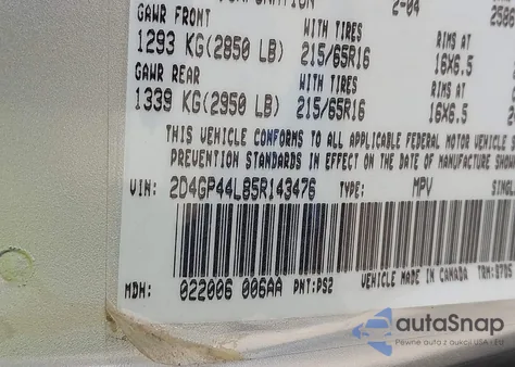 2005 Dodge Grand Caravan Sxt from USA, damaged, VIN 2D4GP44L85R143476